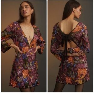 Anthropologie Sequined Embroidered Floral Cut-Out Mini Dress Size 4 RARE HTF